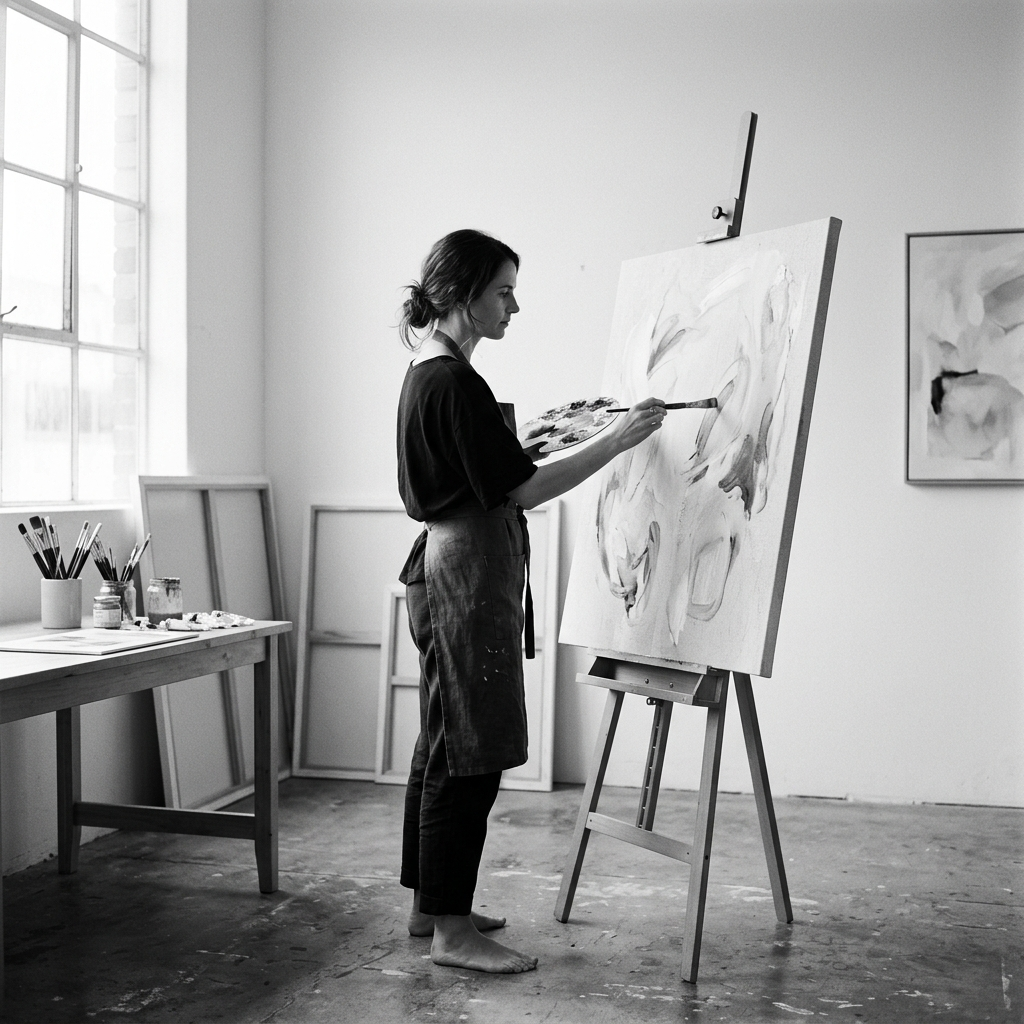 Artist workspace with framed artwork