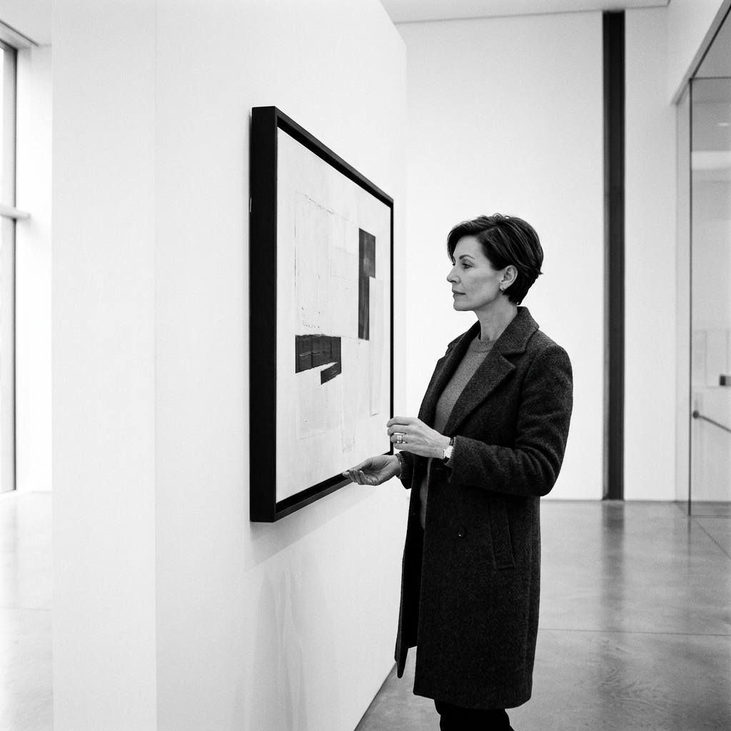 Collector viewing artwork in a refined interior