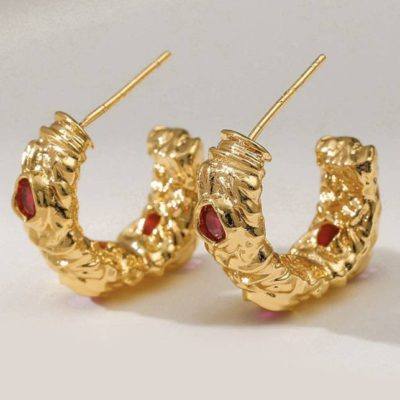 18kt gold-plated hoop earrings with red gemstones