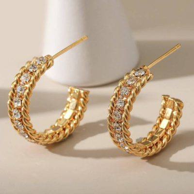 18kt gold-plated rope hoop earrings with cubic zirconia stones