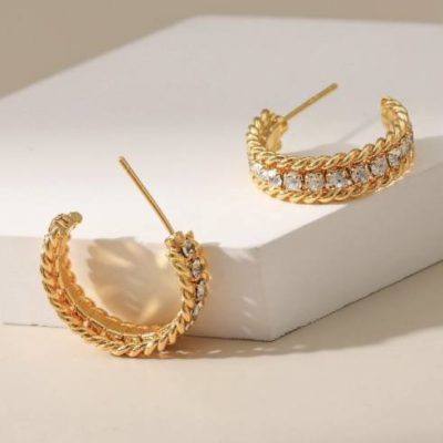 18kt gold-plated rope hoop earrings with cubic zirconia stones