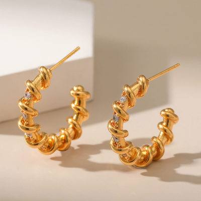 18kt gold-plated rope hoop earrings with cubic zirconia stones