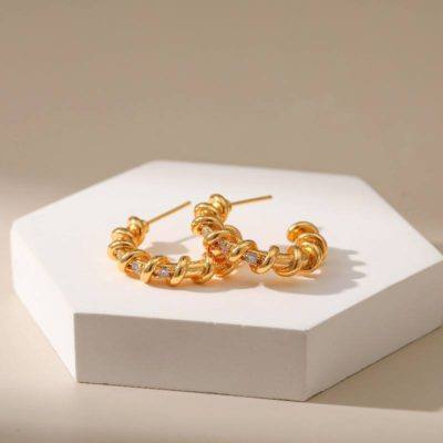 18kt gold-plated rope hoop earrings with cubic zirconia stones